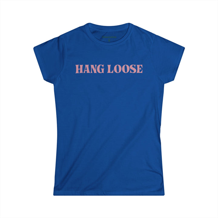 Blue t-shirt with 'HANG LOOSE' text on a white background