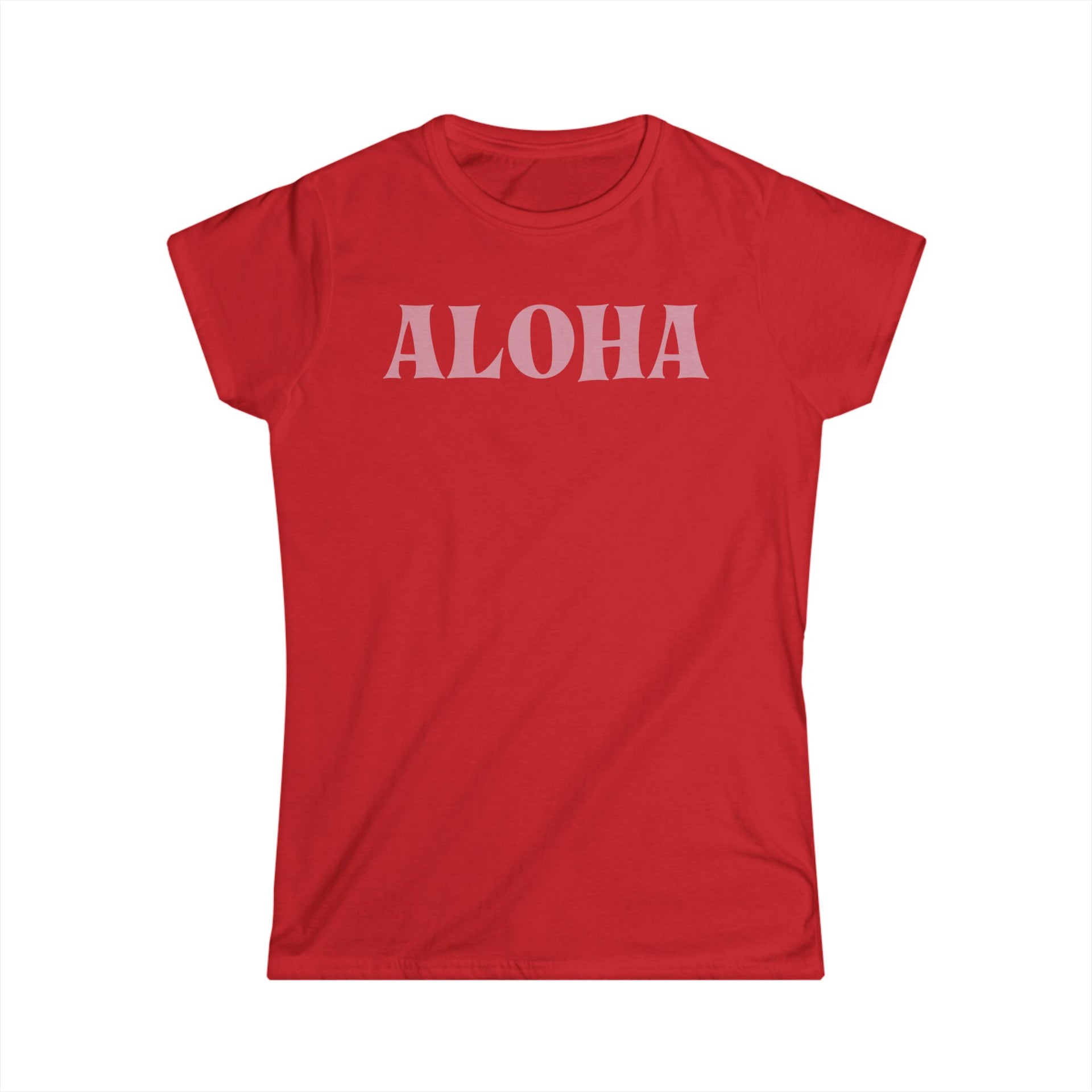 Red t-shirt with 'ALOHA' printed on it against a white background
