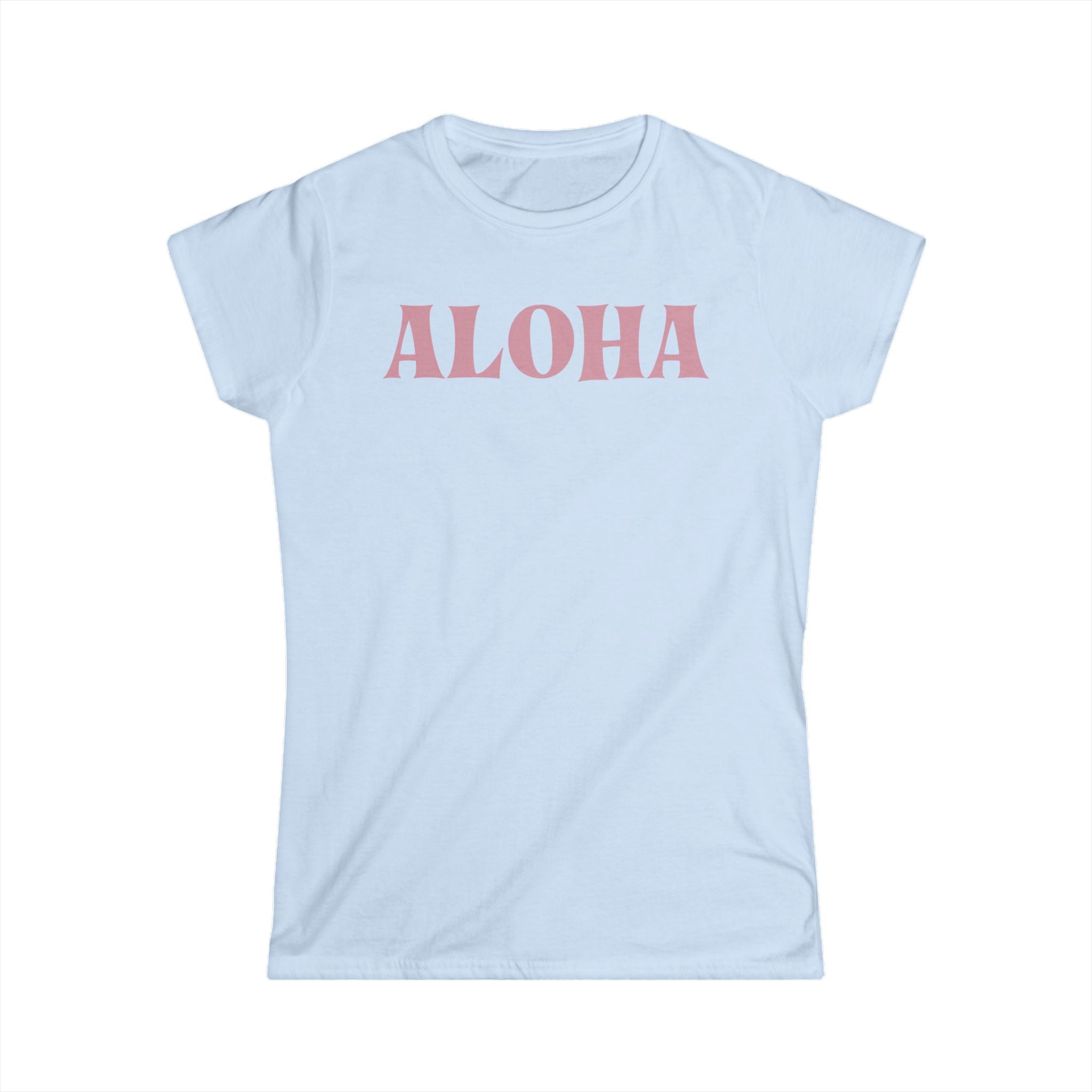 Light blue t-shirt with 'ALOHA' printed in pink on a white background