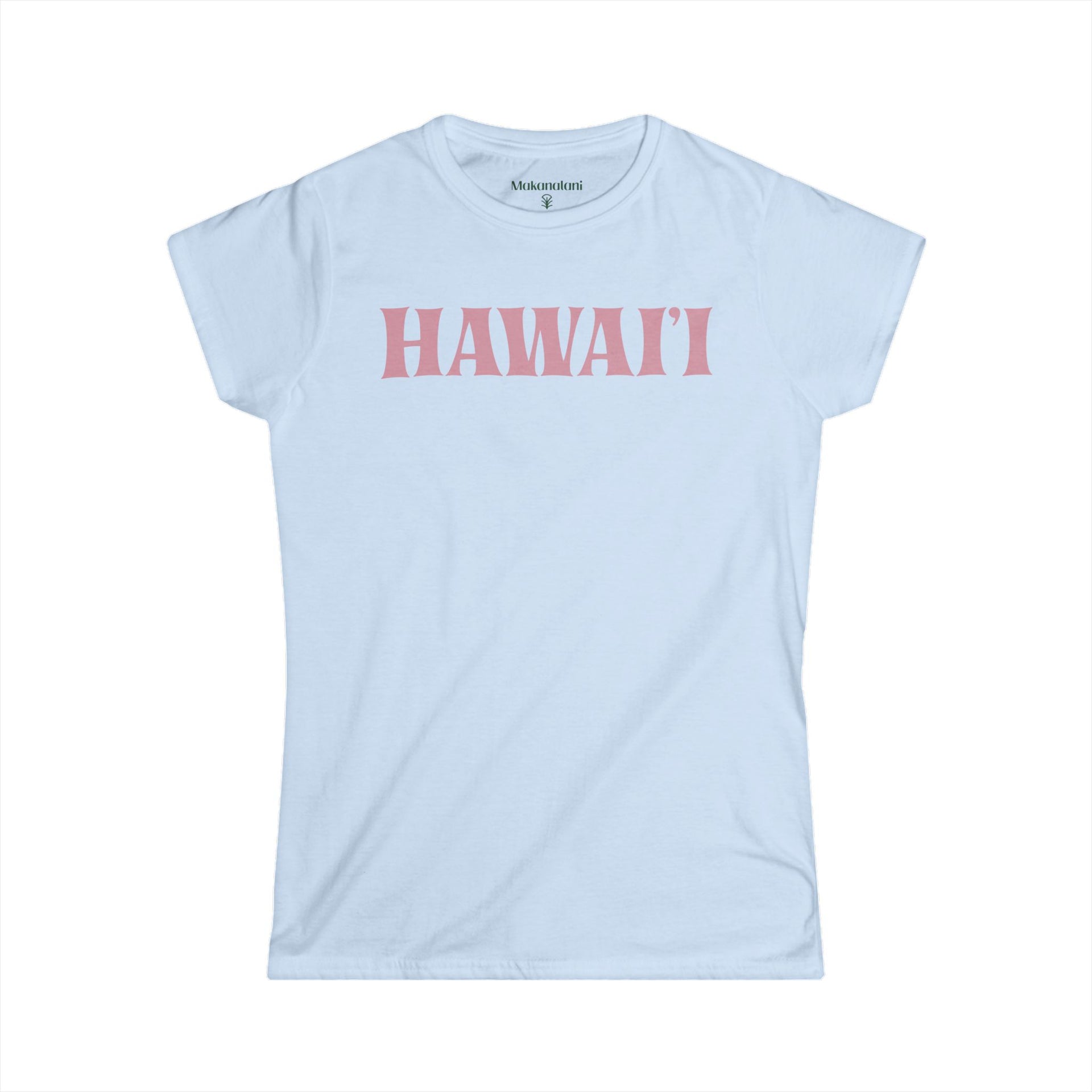 Light blue t-shirt with 'HAWAII' printed in pink on a white background