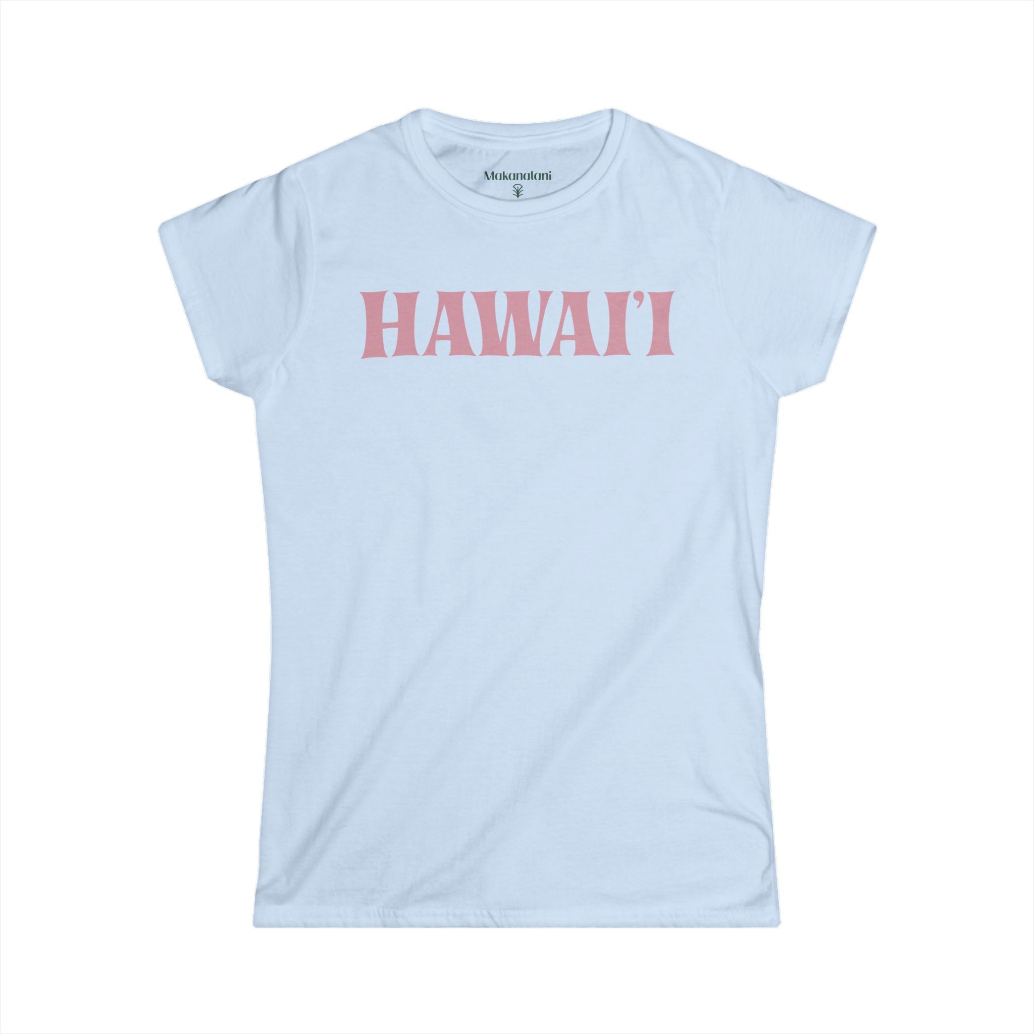 Light blue t-shirt with 'HAWAII' printed in pink on a white background