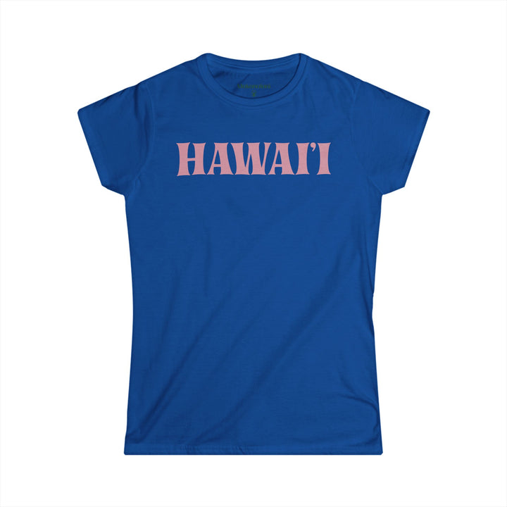 Blue t-shirt with 'HAWAII' printed in pink on a white background