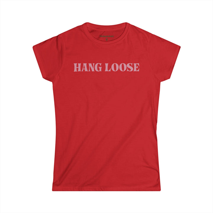 Red t-shirt with 'HANG LOOSE' text on a white background