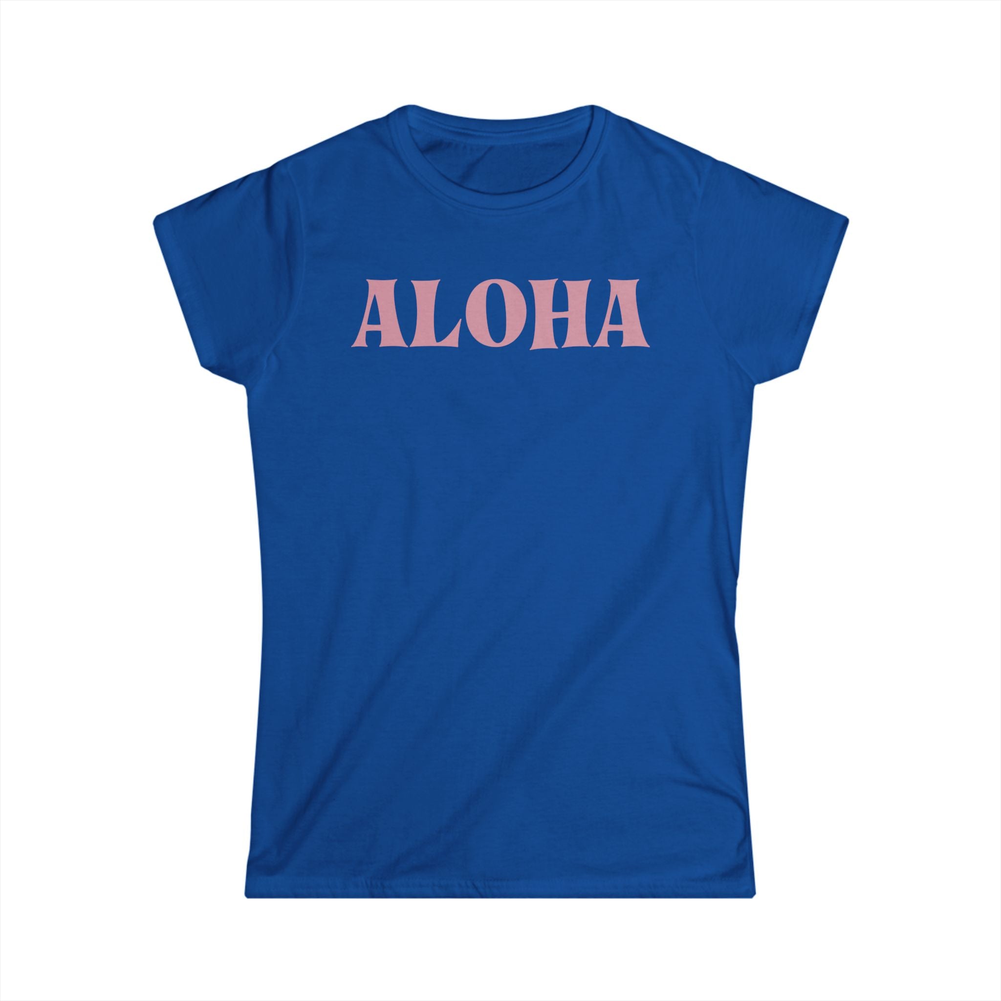 Blue t-shirt with 'ALOHA' printed in pink on a white background