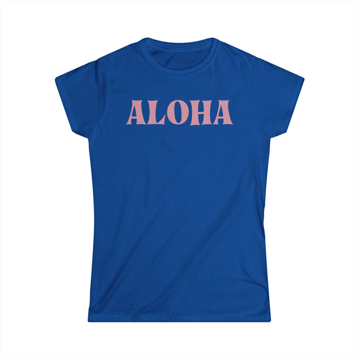 Blue t-shirt with 'ALOHA' printed in pink on a white background