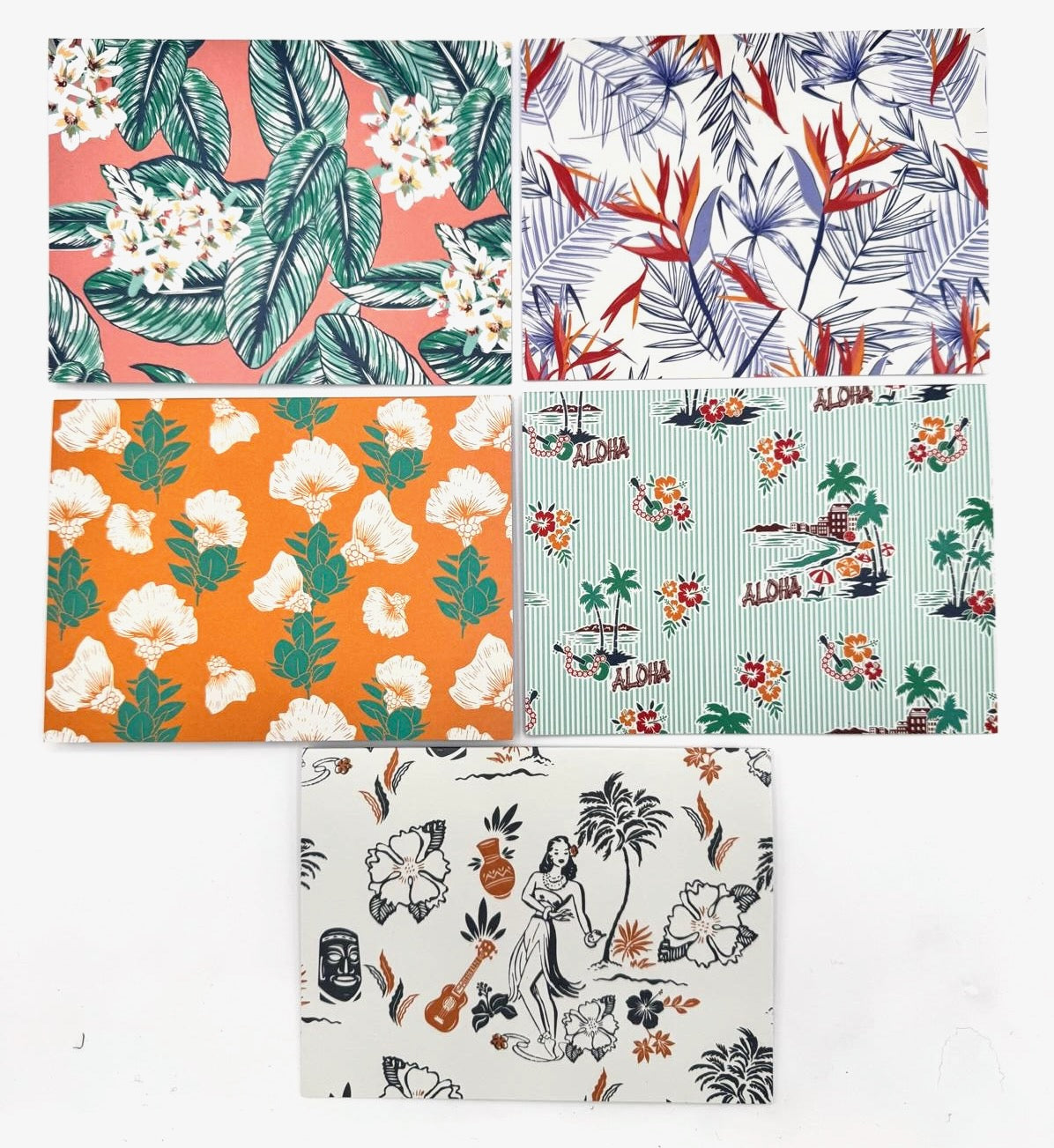 Five multi-colored notecards each with different tropical prints by Makanalani