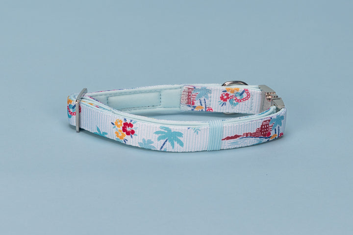 Dog collar with a tropical design on a light blue background