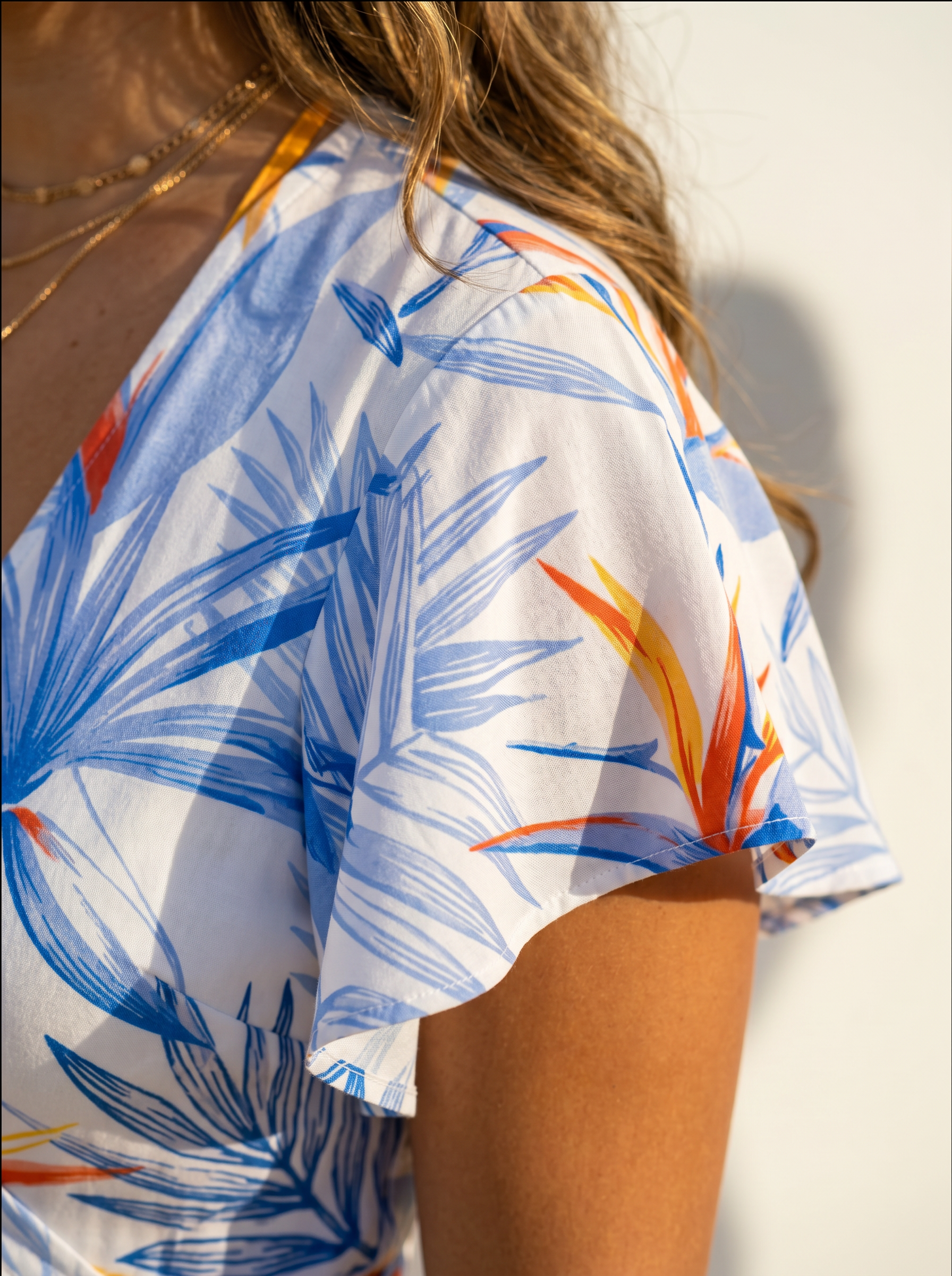 Close up of birds of paradise print on a white background