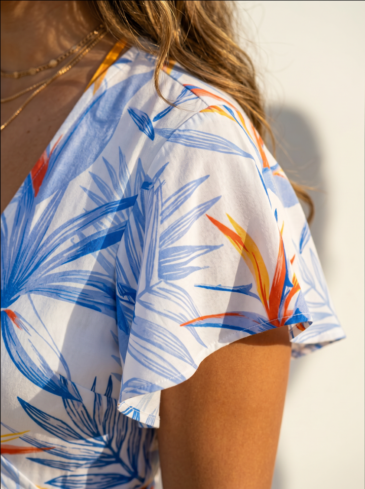 Close up of birds of paradise print on a white background