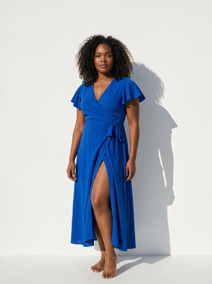 Women wearing a solid blue wrap dress on white background