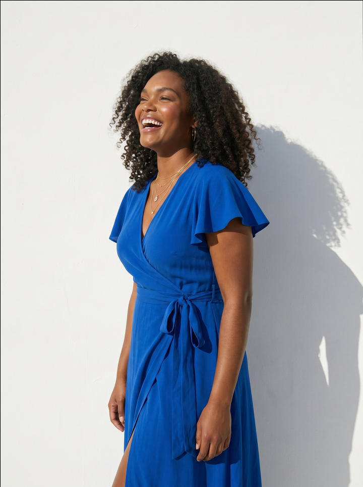 Women wearing a solid blue wrap dress on white background