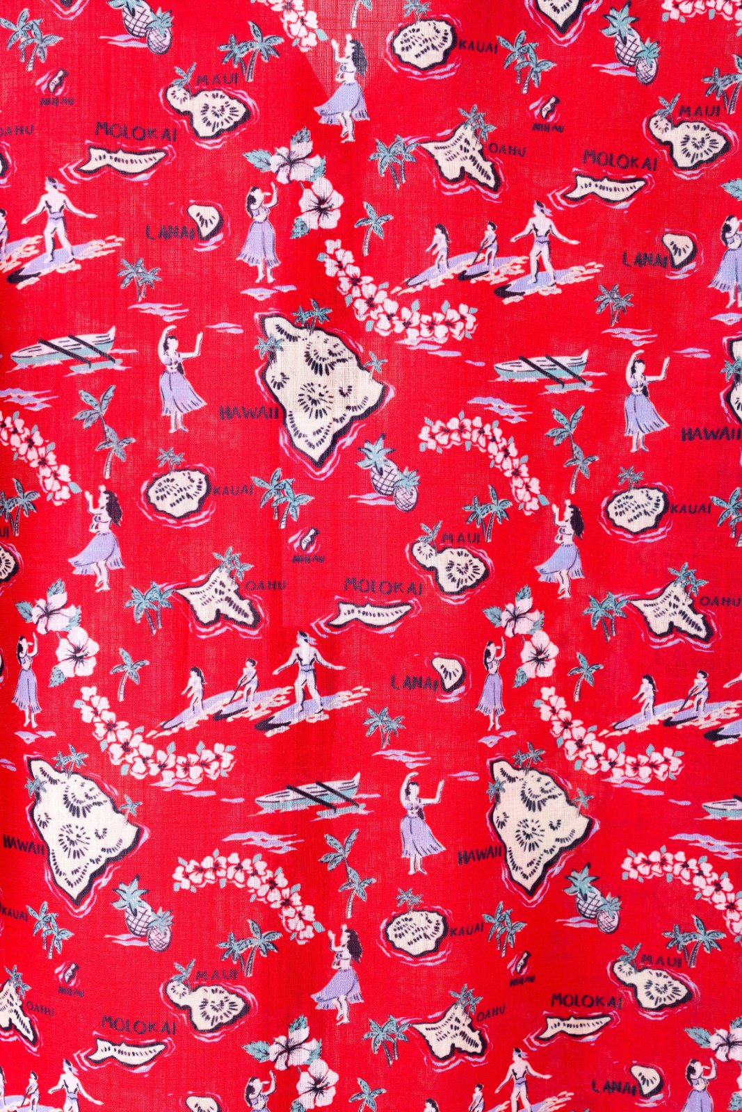 Vintage-style patterned fabric with illustrations on a red background