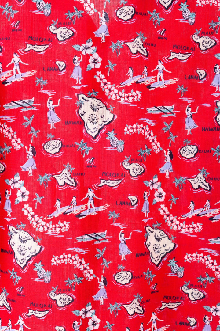 Vintage-style patterned fabric with illustrations on a red background