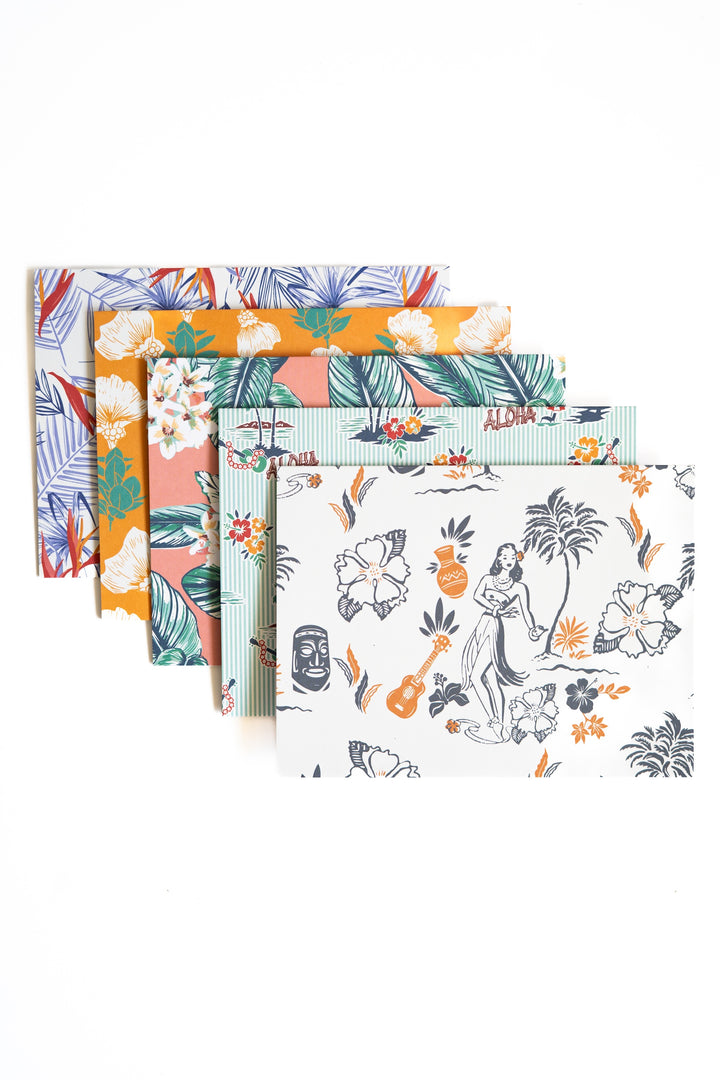 Five multi-colored notecards each with different tropical prints by Makanalani