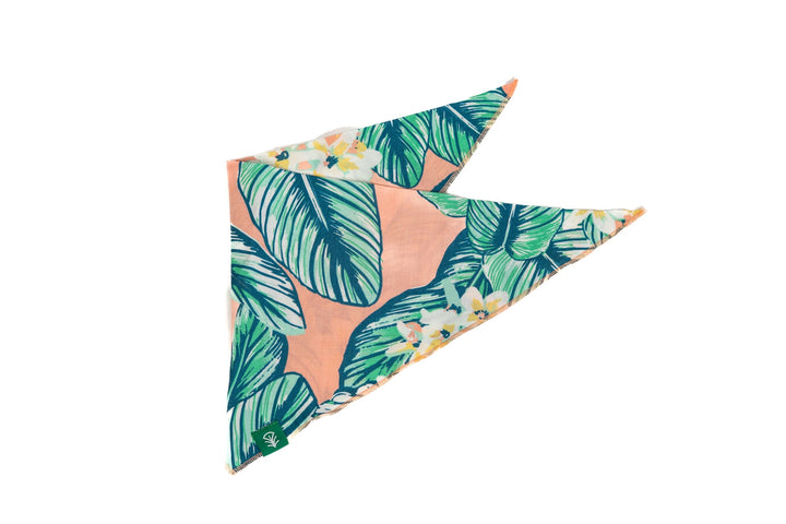 Dog bandana with a tropical leaf print on a white background