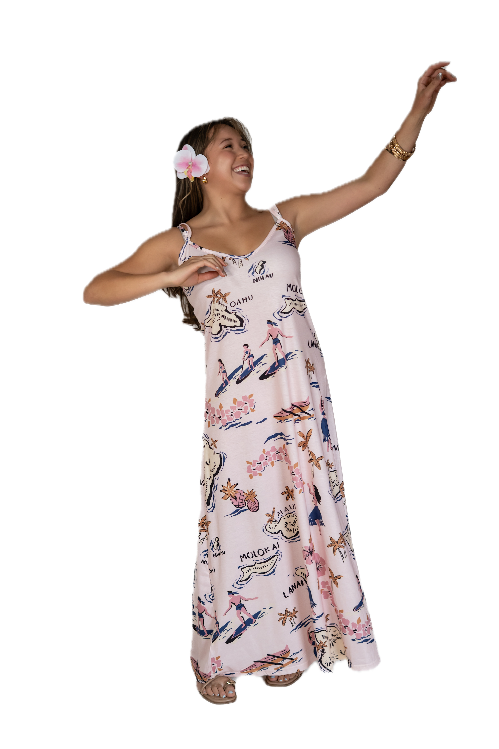 Woman wearing a floral dress with a white background