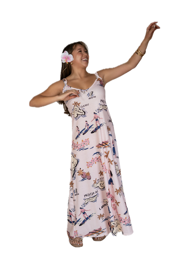 Woman wearing a floral dress with a white background
