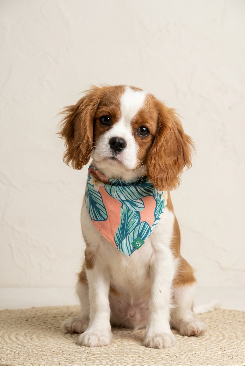 Small dog wearing a colorful bandana on a beige background