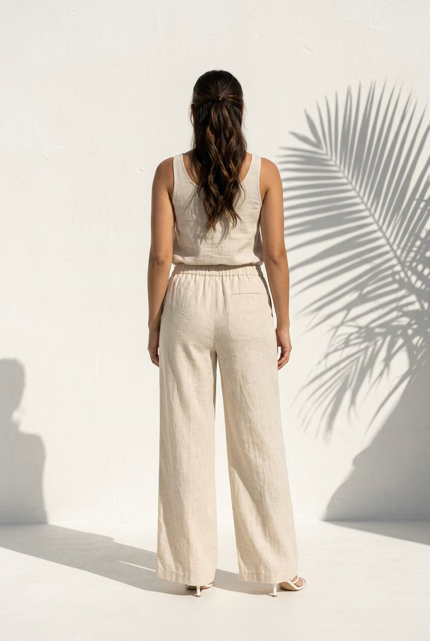 Woman wearing a beige top and bottom standing against a white wall with a palm leaf shadow.