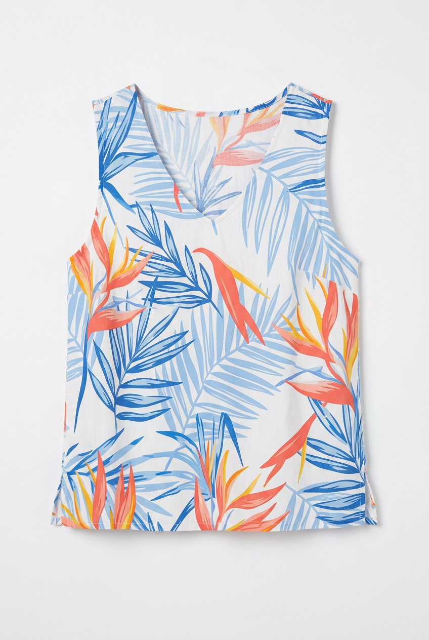 Tropical leaf patterned sleeveless top on a white background