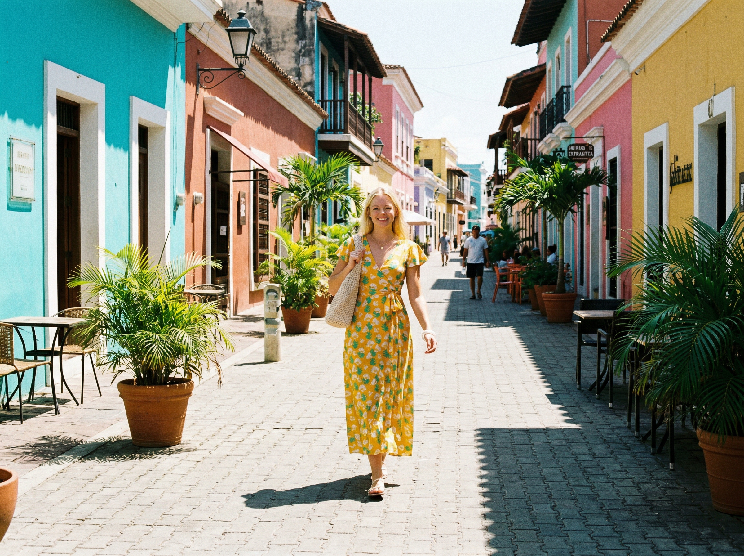 Women wearing yellow gingko print wrap dress walking through a small town