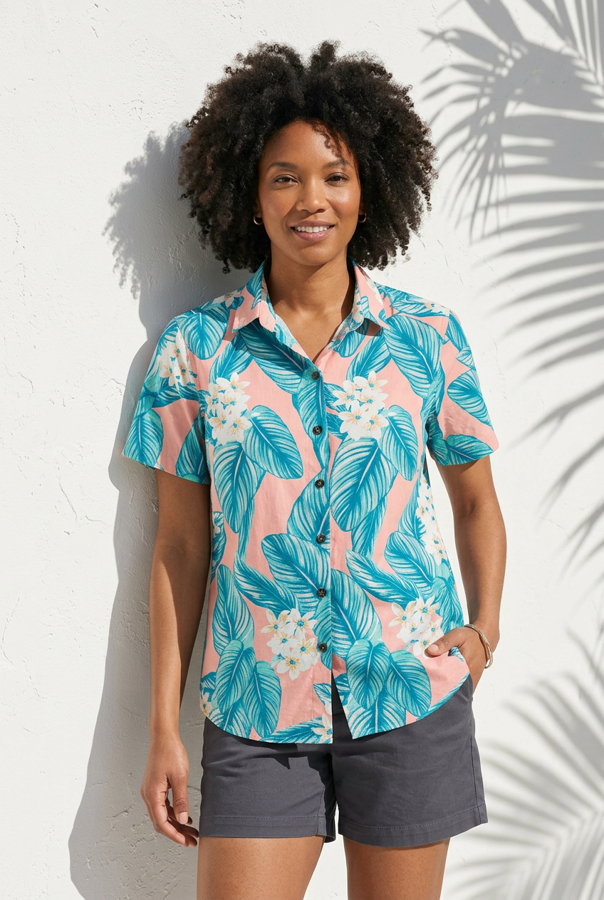 Woman wearing a colorful tropical shirt against a white wall with palm leaf shadows.