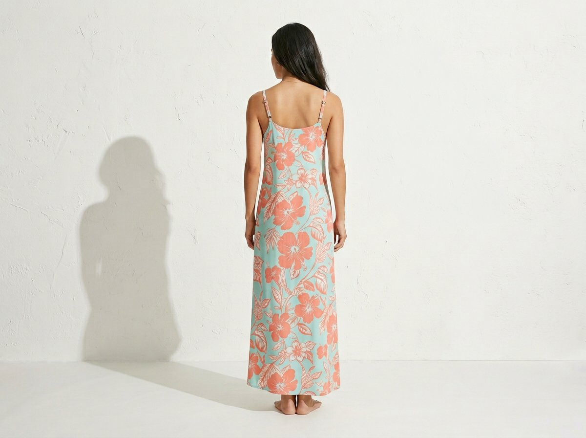 Woman wearing a floral dress against a white background