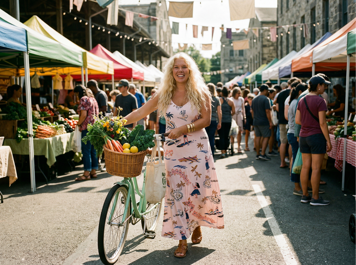 Women walking a bike down a crowded farmer's market wearing a light pink maxi dress